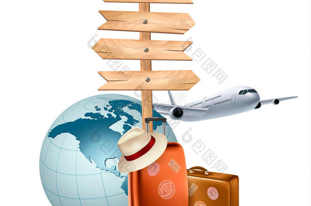 两个旅行箱，一架飞机，一个地球仪和一个方向标志。