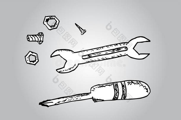 扳手、螺丝刀手绘示意图