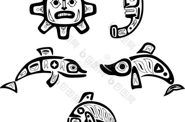 土著肖肖恩部落绘画。鱼，太阳，月亮