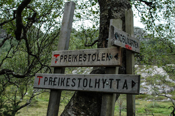 去普雷克斯托伦<strong>途中</strong>挪威山区的旅游标志