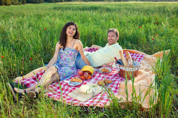 欢笑活泼的夫妇在夏天野餐