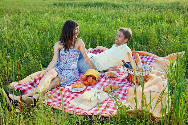 享受夏日野餐的年轻夫妇。