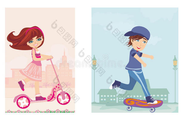 快乐的男孩在滑板上，女孩在滑板车上