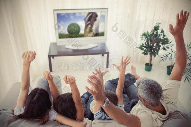 一家人在家欢呼观看世界杯