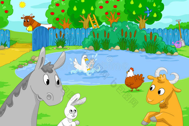 湖边的农场动物。 儿童插图。