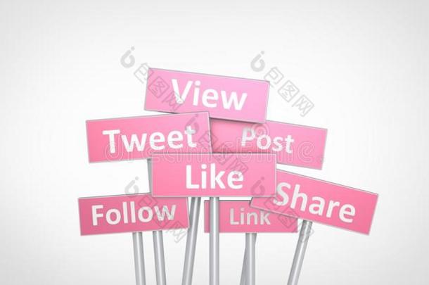 三维粉红色视图推特，如跟随帖子链接，分享街道标志插图设计在白色灰色背景
