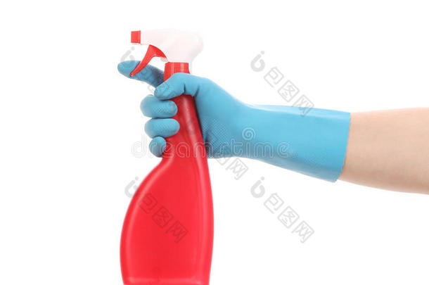 手拿手套拿着红色塑料喷雾瓶。