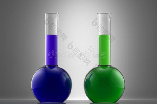 科学实验室玻璃设备与液体。可乐烧瓶