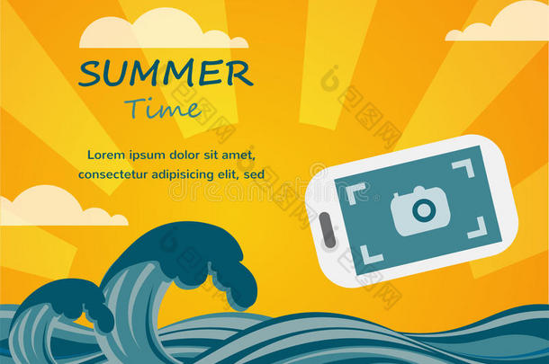 夏日热带概念背景，智能手机拍出夏日风景图。