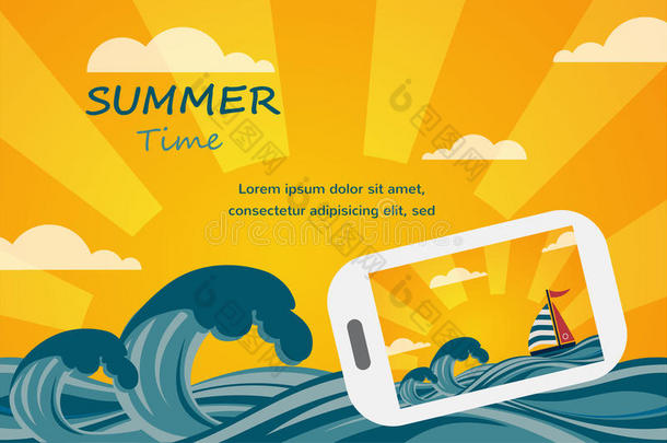 夏日热带概念背景，智能手机拍出夏日风景图。
