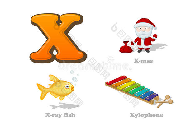 abc字母x搞笑儿童图标集：x-mas，x射线鱼，木琴