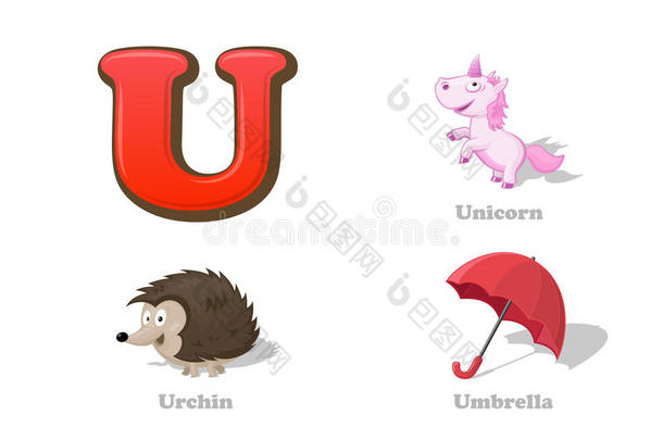 abc字母u搞笑儿童图标集：独角兽，顽童，雨伞