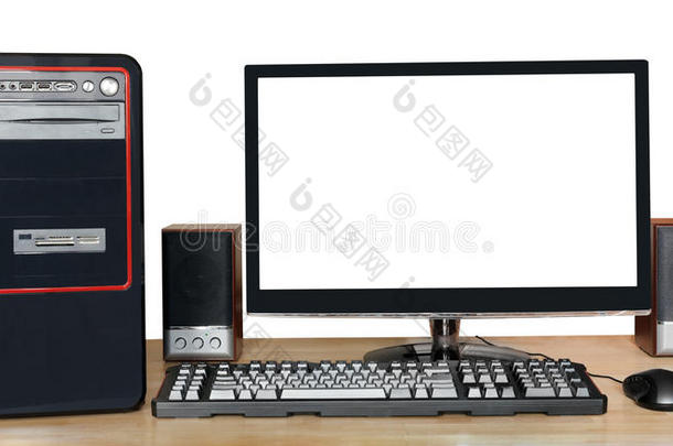 桌上带<strong>宽屏</strong>显示器的台式计算机