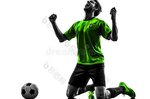 足球运动员年轻快乐快乐跪着的男人剪影