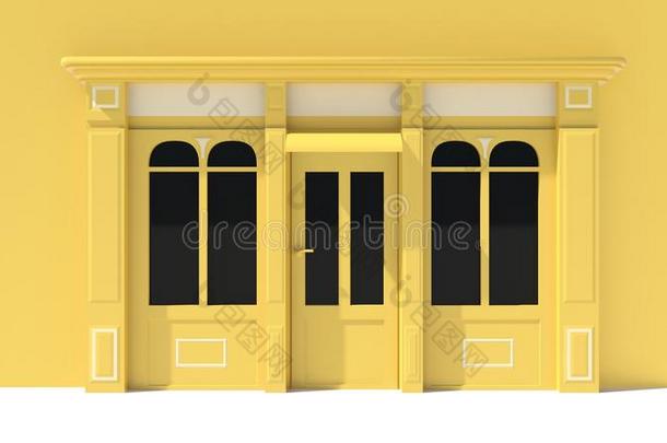 阳光充足的店面，大窗户，白色和黄色的店面，带遮阳篷