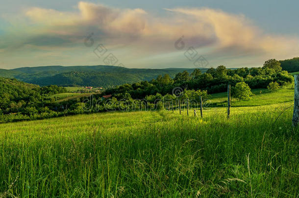 美丽的风景，绿草如茵，山峦白云