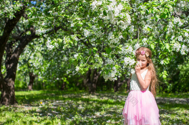 在盛开的苹果园里可爱的小女孩