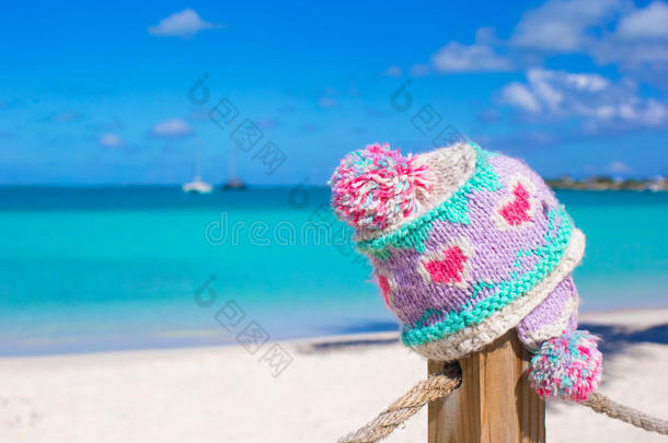 热带篱笆上的特写保暖针织帽