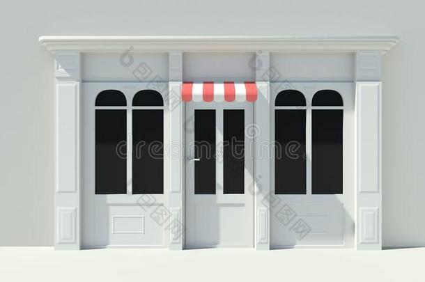 阳光明媚的店面，大窗户，白色店面，红白相间的遮阳篷