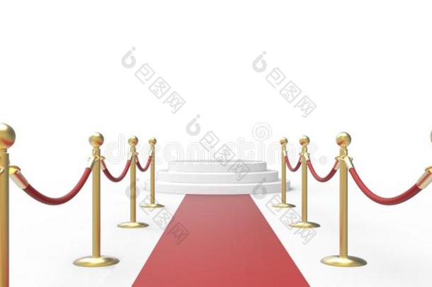红地毯上的白色讲台vip通道白色灰色背景上的金色围栏