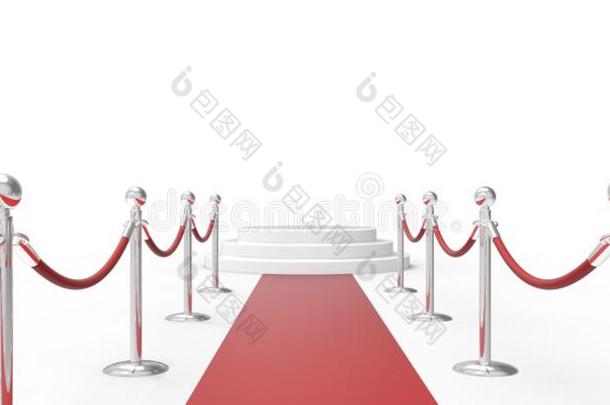 红地毯上的白色讲台vip通道白灰色背景上的铬银围栏