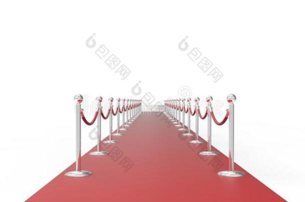 红地毯上的白色讲台vip通道白灰色背景上的铬银围栏