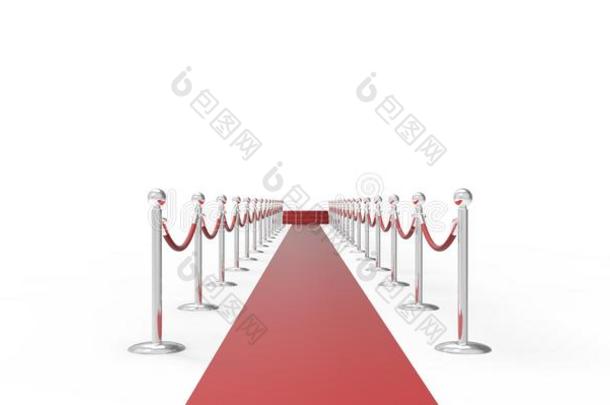 红地毯上的红领奖台vip路白灰色背景镀铬银色围栏