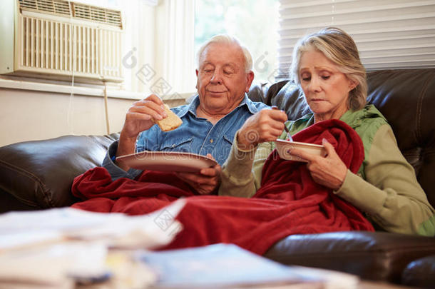 饮食差的老年夫妇在毯子下保暖
