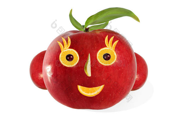 创意食品。苹果和水果制成的正面肖像