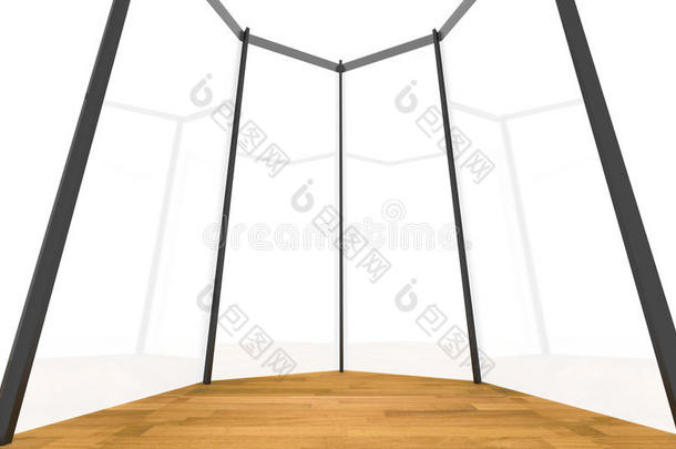 带弧形玻璃墙的空房间