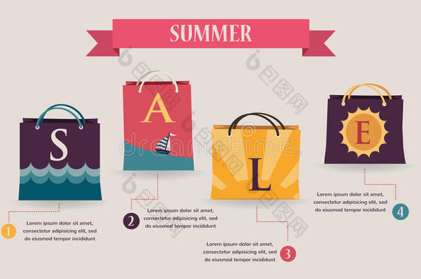 夏季销售信息图与彩色购物袋