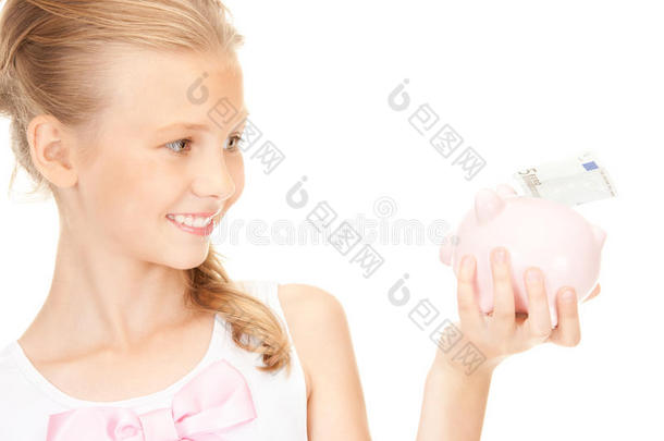 <strong>可爱</strong>的少女，带着存钱罐和钱
