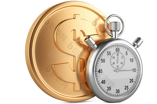 时间就是金钱-秒表和金币的3d插图