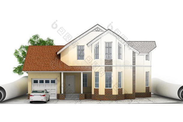 带有平面图、尺子和铅笔的风格化房屋模型