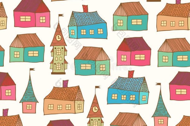 无缝图案装饰房屋。城市背景。手绘城镇模板
