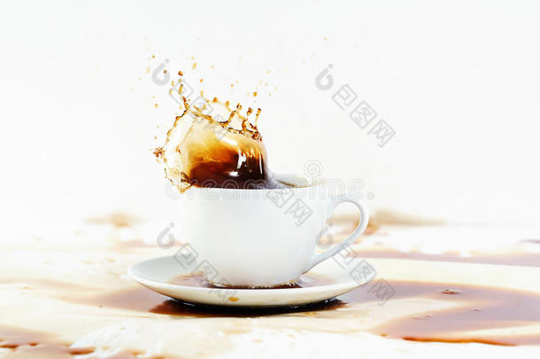 一杯咖啡，溅起水花。白色背景，<strong>咖啡色</strong>污渍。