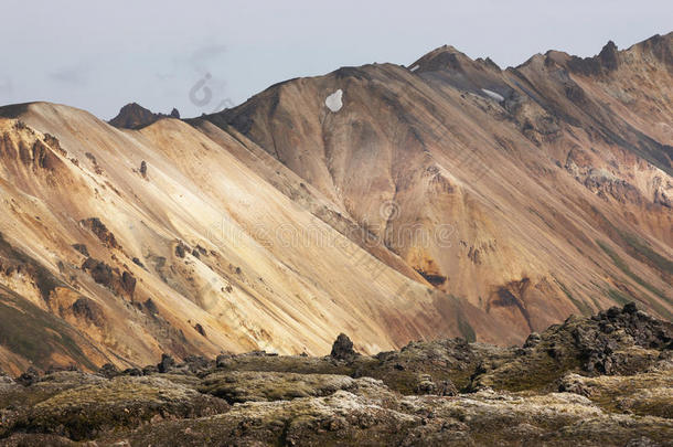 冰岛。南部地区。法拉巴克。<strong>流纹</strong>岩形成的火山地貌