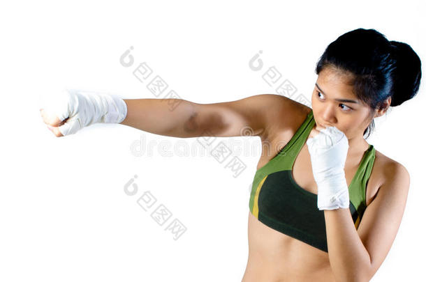 用白色手帕做影子拳击的拳击手女人