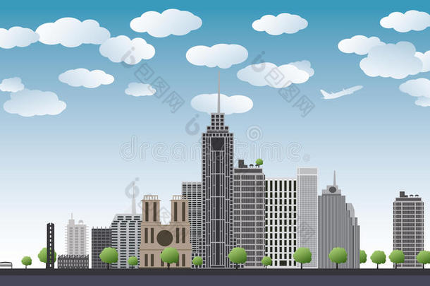 有摩天大楼，蓝天，树木的大城市。矢量图解