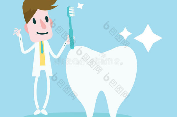 牙医拿着牙刷在清洁一颗大牙。