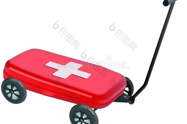 四轮手推车上的红色塑料小药箱