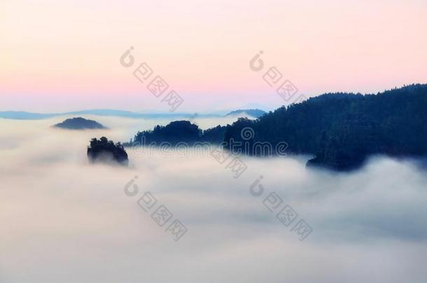 蓝色的早晨，从岩石上看去山谷深处<strong>弥漫</strong>着淡淡的薄雾。拂晓梦幻春色