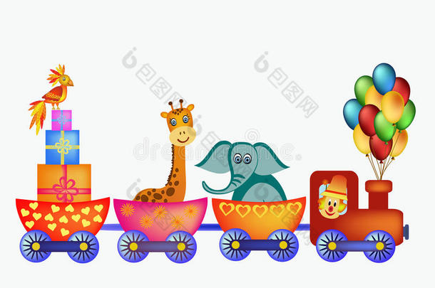 鹦鹉，长颈鹿，大象在<strong>火车车厢</strong>里