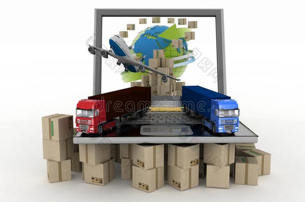 笔记本电脑屏幕、飞机和两辆卡车上遍布全球的纸板箱