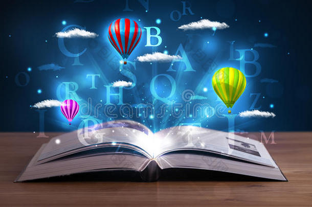 打开书与发光的幻想抽象云和气球
