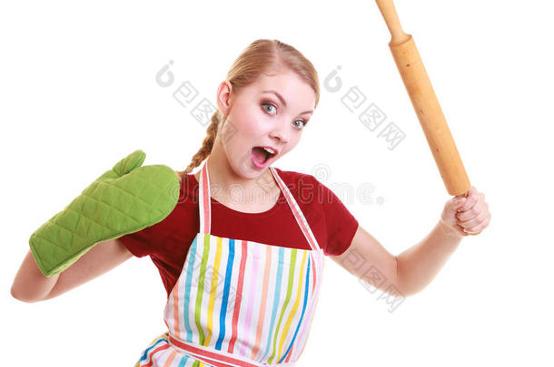 有趣的家庭主妇厨房围裙烤箱连指手套拿着擀面杖