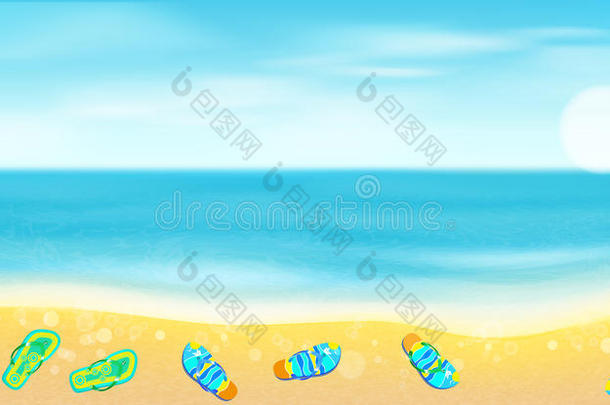 沙滩，大海，沙滩和明亮的<strong>沙滩鞋</strong>。