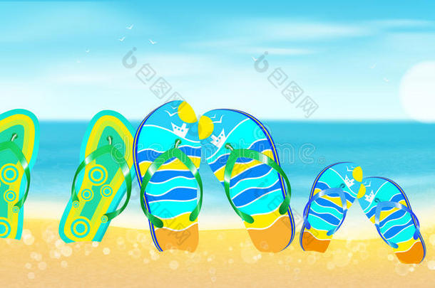 海滩，大海，沙子和明亮的<strong>沙滩鞋</strong>。夏天的背景。