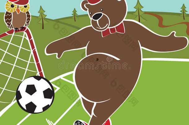 棕熊踢足球。卡通幽默插画