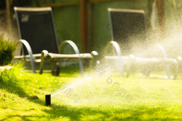 园艺。草坪洒水车在草地上喷水。